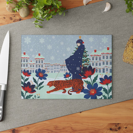 🐆❄️ The Lady And The Christmas Leopard Glass Cutting Board – Art Deco Winter Fantasy