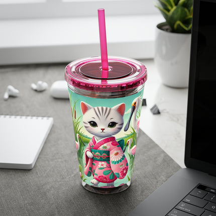 Geisha Kitten Strolls Among the Spoonbills Sunsplash Tumbler with Straw, 16oz