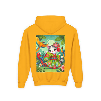 Parrot Dance of the Geisha Kitten Youth Hooded Sweatshirt – Tropical Joy & Whimsical Color