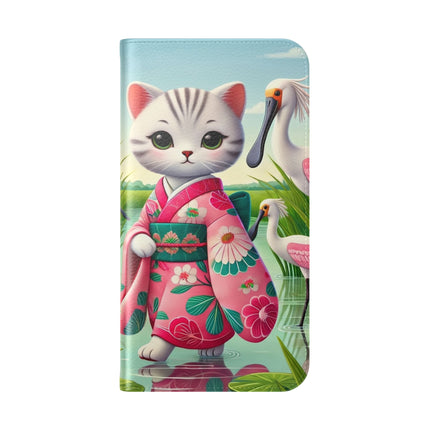 🦩🌸 Geisha Kitten Strolls Among the Spoonbills Flip Case – Serene Grace & Marshland Wonder