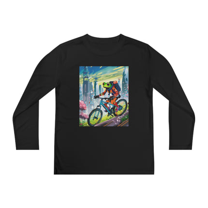 Cyberpunk Frog Youth Long Sleeve Competitor Tee – Neon Trails & Futuristic Adventure