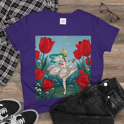 🌷🩰 The Scarlet Tulip Ballet Cotton Tee – Art Deco Floral Whimsy