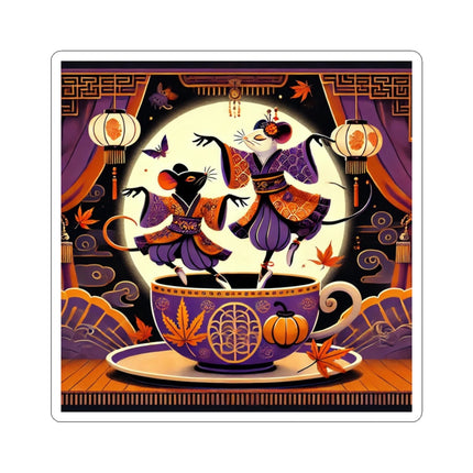 Theatrical Halloween Kabuki Mice on Teacup Kiss-Cut Stickers (4 Sizes)