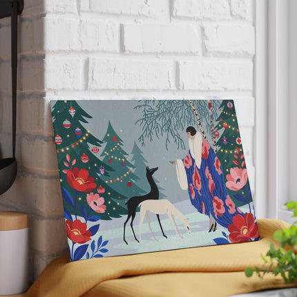 🦌🌲 The Lady Of The Christmas Forest Glass Cutting Board – Art Deco Holiday Elegance