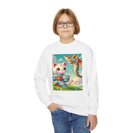 Geisha Kitten and the Dragon Kite Youth Crewneck Sweatshirt – Freedom, Motion & Playful Spirit
