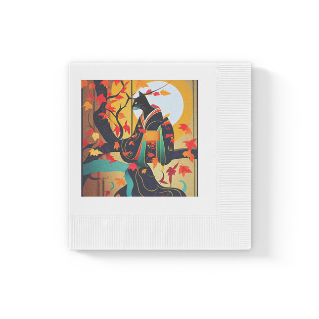 Black Cat in Kimono White Coined Napkins
