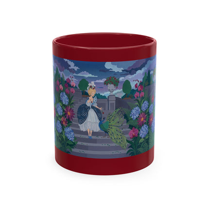 🦚🌸 The Lady & The Peacock On The Garden Steps Ceramic Mug – Art Deco Garden Elegance