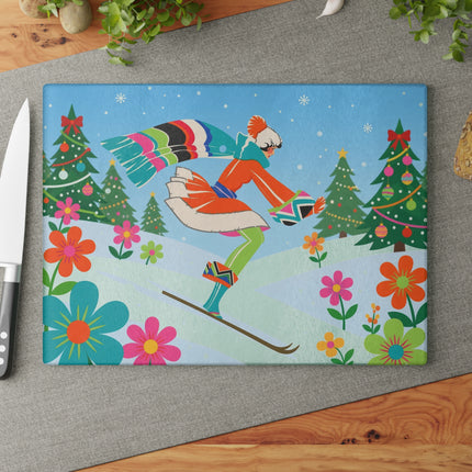 🎿❄️ The Christmas Ski Jumper Glass Cutting Board – Colorful Winter Holiday Fantasy