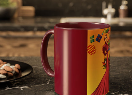Elegant Holiday Woman with Gifts Colorful Mugs (11oz, 15oz)