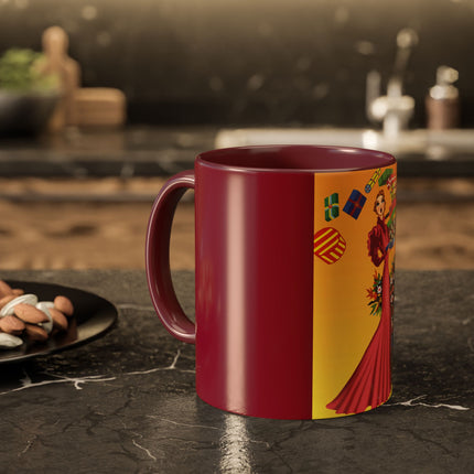 Elegant Holiday Woman with Gifts Colorful Mugs (11oz, 15oz)