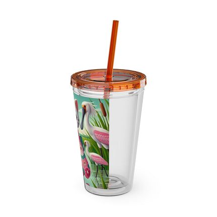 Geisha Kitten Strolls Among the Spoonbills Sunsplash Tumbler with Straw, 16oz
