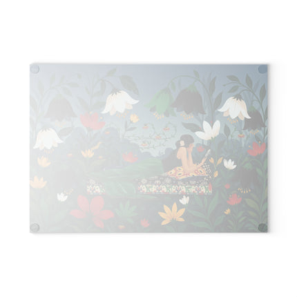 🌺🔍 The Lady In The Secret Garden Glass Cutting Board – Art Deco Floral Elegance