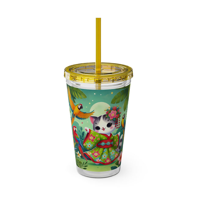 Parrot Dance of the Geisha Kitten Sunsplash Tumbler with Straw, 16oz