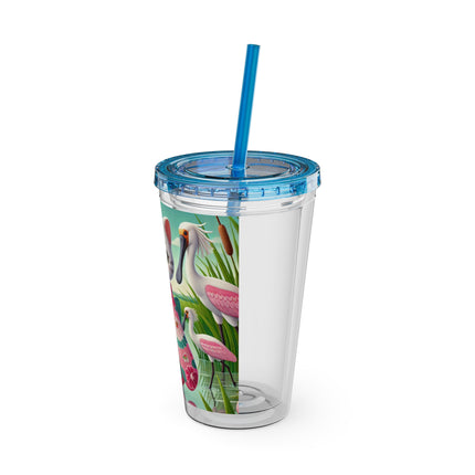 Geisha Kitten Strolls Among the Spoonbills Sunsplash Tumbler with Straw, 16oz