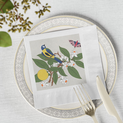 Blue Tit & Butterfly White Coined Napkins – Spring Harmony & Delicate Beauty