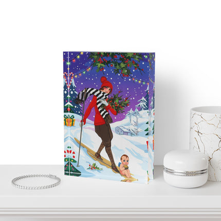 🎿🎄 The Christmas Holly Skier Acrylic Art Block – Whimsical Holiday Fantasy