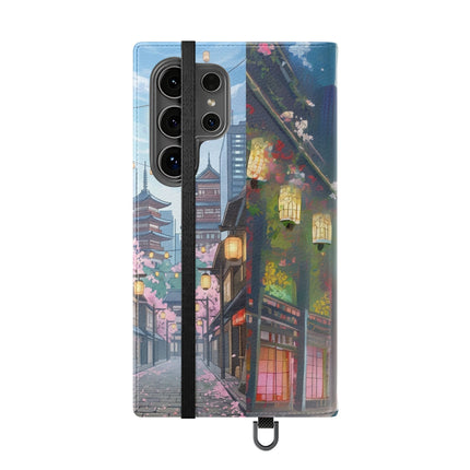 🦚🌸 Techno Plumes Peacock Flip Case – Neon Elegance & Sakura Dreams