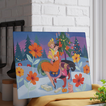 🎄🌸 Christmas Morning Embrace Glass Cutting Board – Whimsical Holiday Fantasy