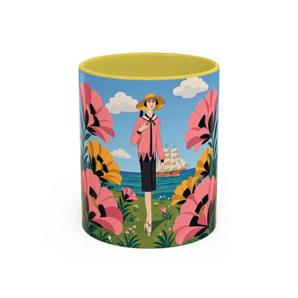 🌸⛵ The Seaside Blossom Promenade Colorful Mug – Art Deco Coastal Elegance
