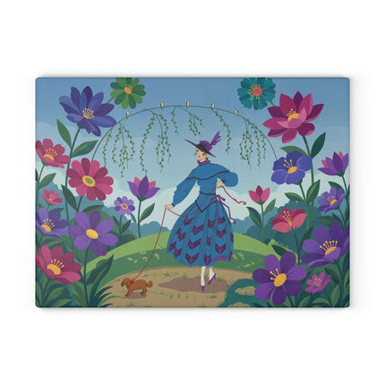 🌸🐕 The Lady Of The Flower Walk Glass Cutting Board – Art Deco Garden Elegance