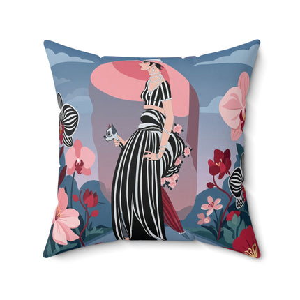 🖤🌸 The Lady Of The Striped Promenade Square Pillow – Art Deco Floral Elegance