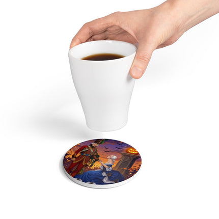 🎃💙 The Pumpkin Lantern Courtship Ceramic Coaster – Romantic Halloween Elegance