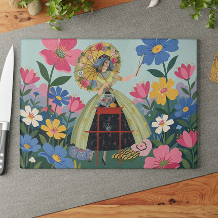 🌸🪞 The Lady Of The Flower Parasol Glass Cutting Board – Art Deco Garden Fantasy