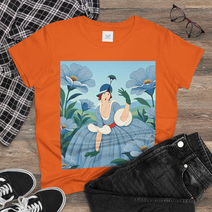 💙🌼 The Blue Blossom Garden Belle Cotton Tee – Art Deco Floral Whimsy