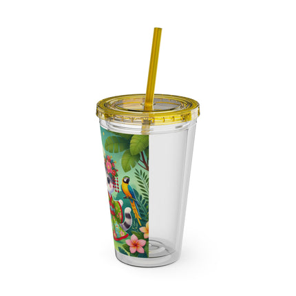 Parrot Dance of the Geisha Kitten Sunsplash Tumbler with Straw, 16oz