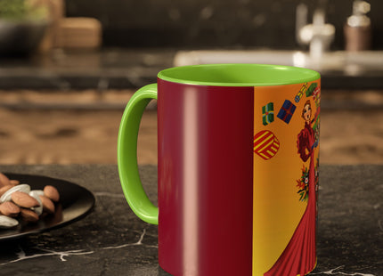 Elegant Holiday Woman with Gifts Colorful Mugs (11oz, 15oz)