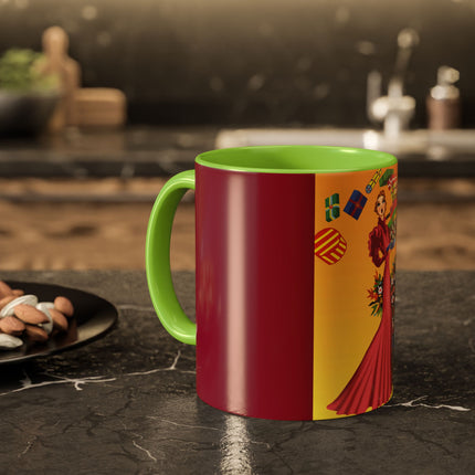 Elegant Holiday Woman with Gifts Colorful Mugs (11oz, 15oz)