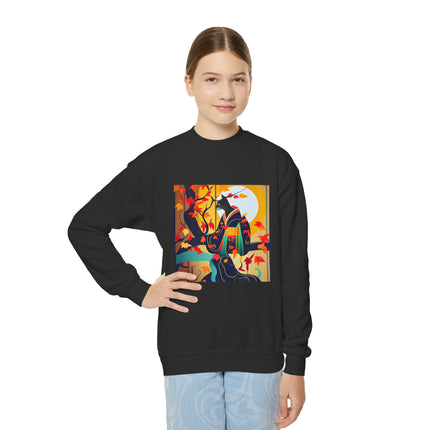 Black Cat in Kimono Youth Crewneck Sweatshirt