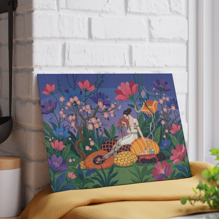 🌺🌙 The Lady Of The Midnight Blossom Garden Glass Cutting Board – Art Deco Floral Elegance