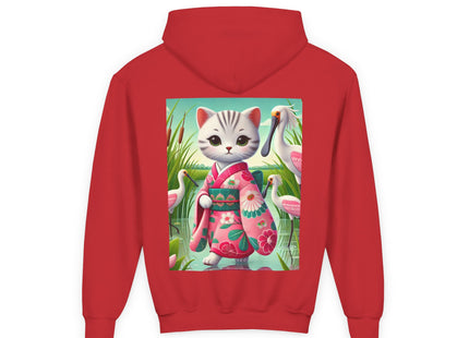 Geisha Kitten Strolls Among the Spoonbills Youth Heavy Blend Hooded Sweatshirt