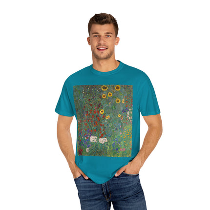 Farm Garden with Sunflowers by Gustav Klimt Unisex Garment-Dyed T-shirt