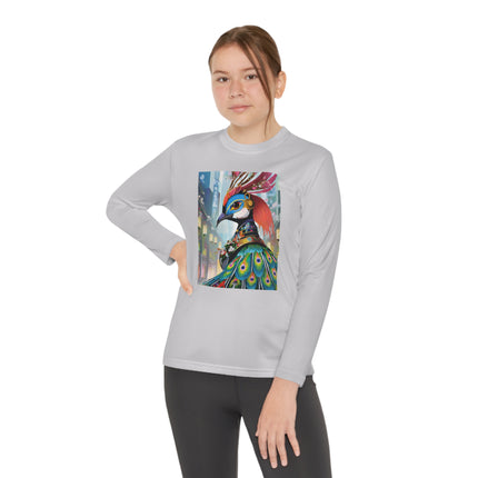 Techno Plumes Youth Long Sleeve Competitor Tee – Futuristic Elegance & Neon Feathers