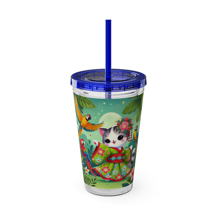 Parrot Dance of the Geisha Kitten Sunsplash Tumbler with Straw, 16oz