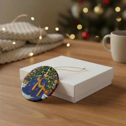 👑🎄 The Christmas Queen Of Golden Bells Ceramic Ornament – Art Deco Holiday Elegance