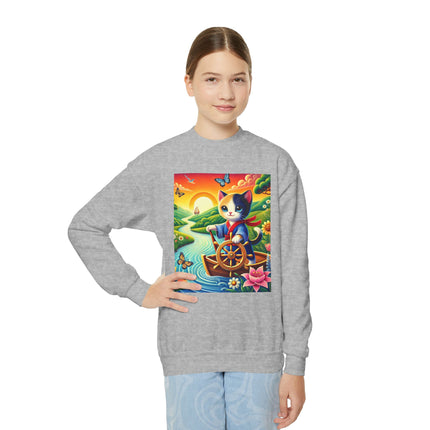 Sailor Kitten’s River Adventure Youth Crewneck Sweatshirt – Exploration, Joy & Storybook Adventure