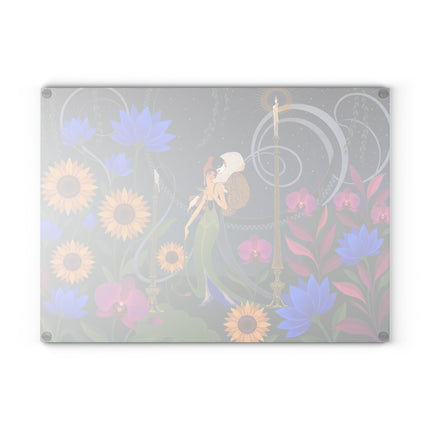 🌻🌙 The Midnight Sunflower Garden Glass Cutting Board – Art Deco Floral Fantasy