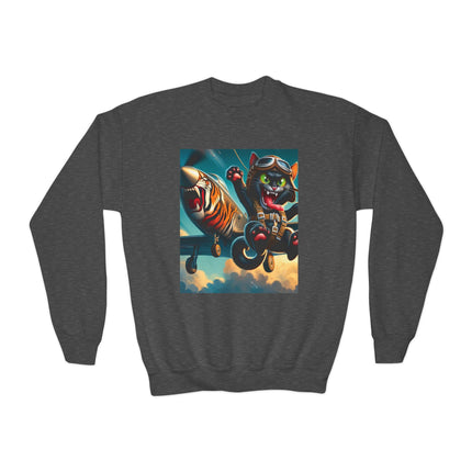 Parachuting Cat Commando Youth Crewneck Sweatshirt – High-Flying Adventure & Bold Fun