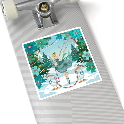 🦩🎄 The Lady Of The Christmas Garland Birds Kiss-Cut Sticker – Whimsical Art Deco Holiday Fantasy