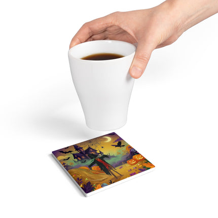 🌙🎃 The Scarecrow Of Haunted Hollow Ceramic Coaster – Whimsical Halloween Mystery