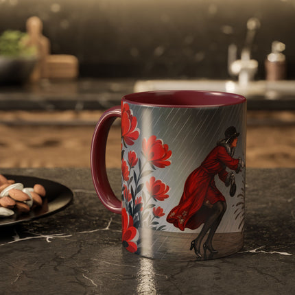 ☔🌹 The Scarlet Rainstorm Promenade Colorful Mug – Art Deco Motoring Elegance