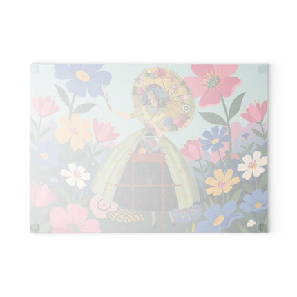 🌸🪞 The Lady Of The Flower Parasol Glass Cutting Board – Art Deco Garden Fantasy