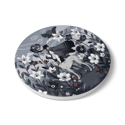 🖤🌸 The Greyhound Floral Promenade Ceramic Coaster – Art Deco Monochrome Fashion