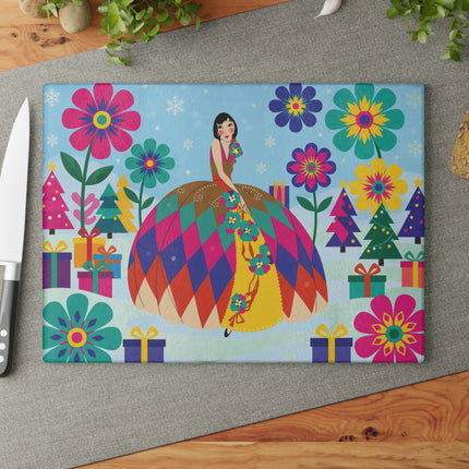 🌸🎄 The Lady Of The Kaleidoscope Garden Glass Cutting Board – Art Deco Christmas Fantasy