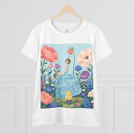 🌸🩵 The Blue Ruffle Garden Cotton Tee – Art Deco Floral Whimsy