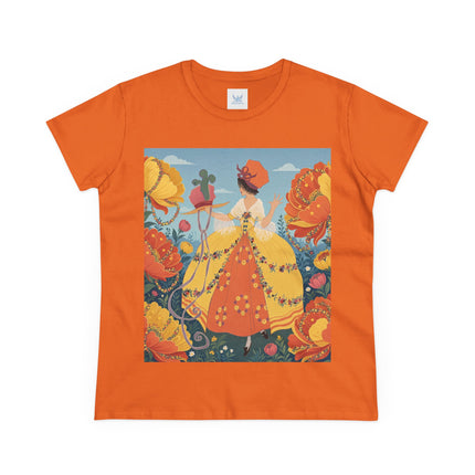 🧡🌼 The Golden Flower Promenade Cotton Tee – Art Deco Floral Elegance