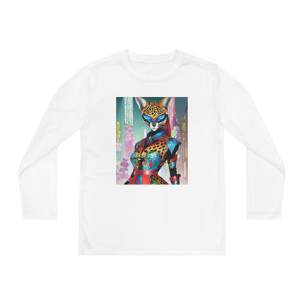 Cyber Cat Glamour Youth Long Sleeve Competitor Tee – Neon Elegance & Futuristic Style